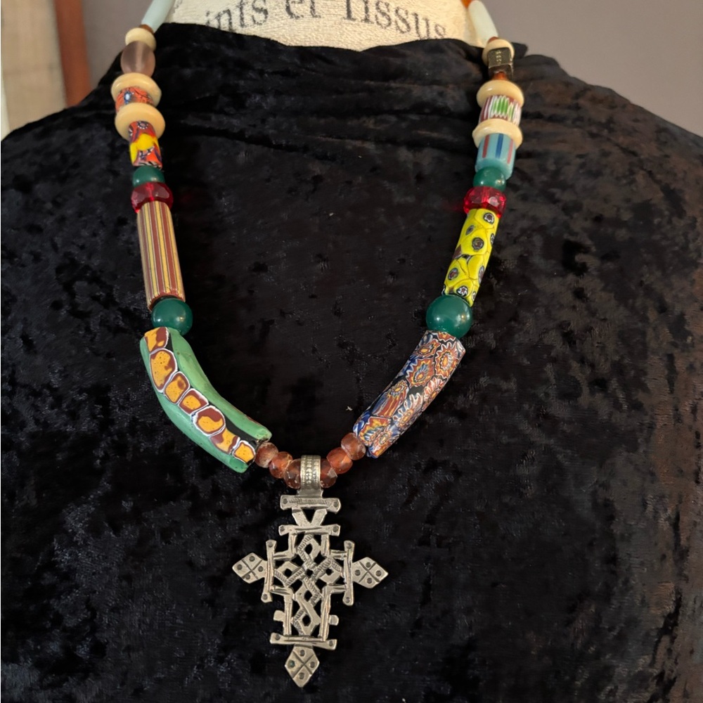 Collected Vintage African Trade Beads with Vintage Coptic Cross Pendant.
